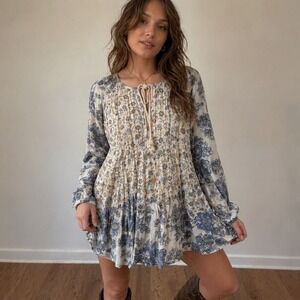 Free People Boho Mixed Floral Mini Dress S Cream Blue Peasant Tunic Cottagecore